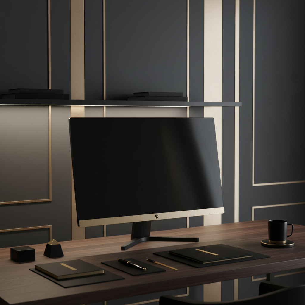 A premium, minimalist workspace features a sleek ultra-thin monitor. It has a matte black frame and subtle gold trim. The monitor sits on a dark wooden desk. The desk is neatly organized with black and gold stationery. The setting is a serene, dimly lit room accented by background panels of deep charcoal and hints of champagne gold. Discreet, focused LED lighting softly illuminates the desktop’s surface, producing smooth gradient shadows and highlighting refined textures. Captured from an eye-level angle with shallow depth of field that draws attention to precise, elegant details. The overall effect is calm and exclusive. It shows the digital studio’s focus on quality and creative design.