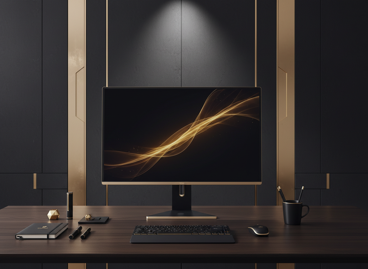 A premium, minimalist workspace showcasing a sculptural ultra-thin monitor with a matte black frame and subtle gold accent trim, resting on a dark wooden desk with an impeccably organized arrangement of black and gold stationery. The setting is a serene, dimly lit room accented by background panels of deep charcoal and hints of champagne gold. Discreet, focused LED lighting softly illuminates the desktop’s surface, producing smooth gradient shadows and highlighting refined textures. Captured from an eye-level angle with shallow depth of field that draws attention to precise, elegant details. The overall effect is calm, exclusive, and highly curated, representing the digital studio’s commitment to quality and aesthetic innovation.