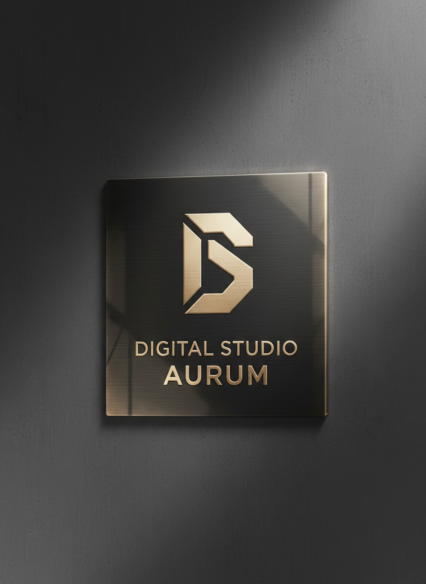 A smooth, custom logo plaque is made of brushed black metal. It has embossed champagne gold details. The plaque is mounted on a dark concrete wall. Soft, diffused studio lighting creates gentle highlights along the metallic edges and subtle reflections on the textured surface. The composition is centered and slightly elevated, focusing attention on the luxurious emblem and refined typographic details. The surrounding environment remains minimalist and uncluttered, with a muted palette enhancing the plaque's exclusivity. The mood is calm, polished, and editorial, emphasizing the identity of a high-end digital studio. Photographic realism with a clean, sophisticated aesthetic is maintained throughout.