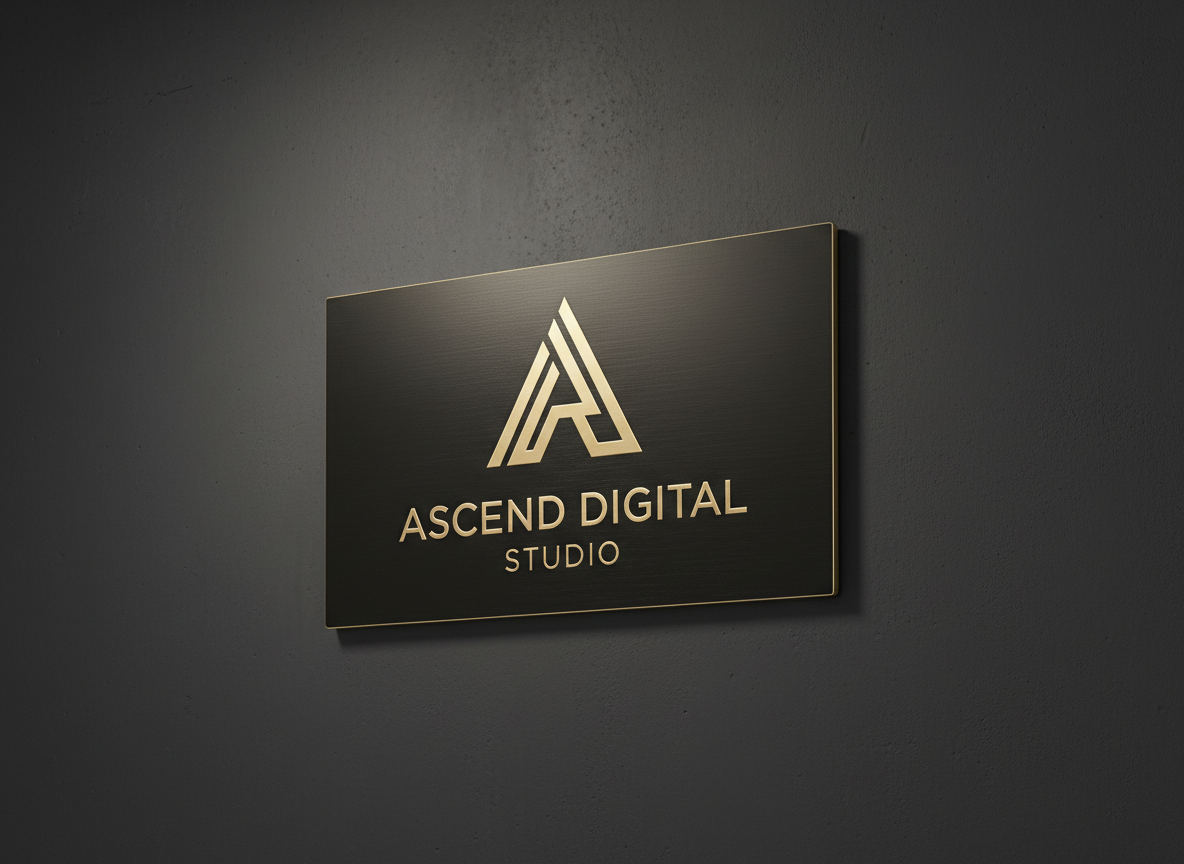 A sleek, custom-designed logo plaque made of brushed matte black metal with embossed champagne gold detailing, mounted on a smooth, dark-toned concrete wall backdrop. Soft, diffused studio lighting creates gentle highlights along the metallic edges and subtle reflections on the textured surface. The composition is centered and slightly elevated, focusing attention on the luxurious emblem and refined typographic details. The surrounding environment remains minimalist and uncluttered, with a muted palette enhancing the plaque's exclusivity. The mood is calm, polished, and editorial, emphasizing the identity of a high-end digital studio. Photographic realism with a clean, sophisticated aesthetic is maintained throughout.