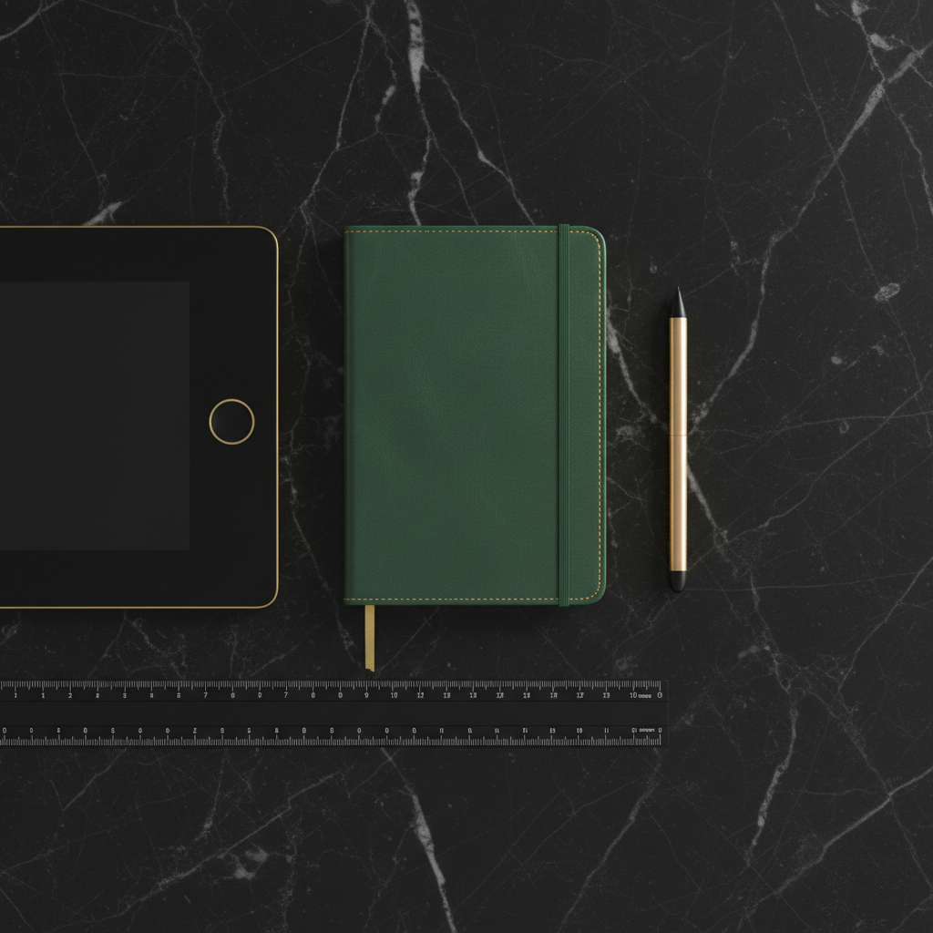 An editorial-style flat lay of curated design tools: a slim leather-bound sketchbook with gold-edged pages, an elegantly designed graphics tablet, a metallic pen with a champagne gold finish, and a minimalist matte black ruler. Arranged with perfect balance atop a smooth, black marble tabletop accented by subtle natural veining. Overhead softbox lighting casts an even, gentle illumination, creating subtle, high-end highlights and serene, diffused shadowing. The mood is contemplative, refined, and orderly, embodying the luxury-minimal philosophy of the studio. Composition adheres to modern minimalism, with ample negative space and a photographic, high-detail finish throughout.