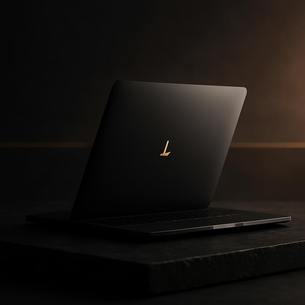 A sophisticated digital device mockup featuring a sleek laptop with a matte black exterior and understated gold logo, displayed open on a pristine dark stone slab. The background is softly blurred with gentle gradations between charcoal and warm muted taupe, punctuated by a single gold accent line. Low, atmospheric lighting from one side creates dramatic contrast, producing soft rim light on the laptop's edges and deep, velvety shadows below. The angle is low and slightly off-center, heightening the sense of editorial luxury and exclusivity. The overall aesthetic is minimalist, photographic, and harmonious, perfectly in tune with the site’s premium tone.
