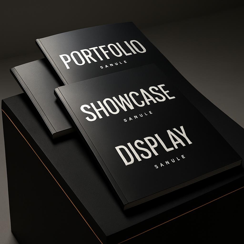 A refined portfolio showcase display, featuring three oversized, immaculately printed sample covers arranged in an angular stack atop a matte black pedestal with subtle gold inlay. The vivid, large-scale typography on each cover is crisply presented against dark, gradient backgrounds. Ambient downlighting produces soft, gradated illumination with gentle gleams on the gold accents and covers’ lamination. Shot from a slightly elevated three-quarters angle, the sharp composition communicates grandeur, exclusivity, and editorial finesse. The space is clean, serene, and void of distractions, fully supporting the site’s sophisticated personality and digital studio credentials.