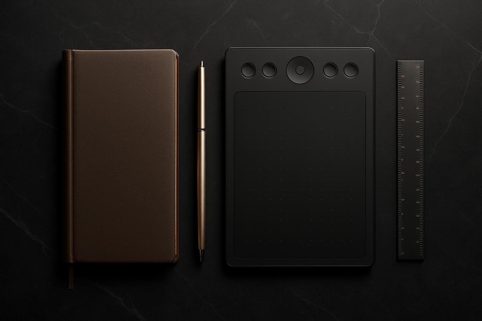 An editorial-style flat lay of curated design tools: a slim leather-bound sketchbook with gold-edged pages, an elegantly designed graphics tablet, a metallic pen with a champagne gold finish, and a minimalist matte black ruler. Arranged with perfect balance atop a smooth, black marble tabletop accented by subtle natural veining. Overhead softbox lighting casts an even, gentle illumination, creating subtle, high-end highlights and serene, diffused shadowing. The mood is contemplative, refined, and orderly, embodying the luxury-minimal philosophy of the studio. Composition adheres to modern minimalism, with ample negative space and a photographic, high-detail finish throughout.